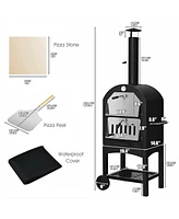 Rolling Outdoor Pizza Oven Wood Fire Pizza Maker With Pizza Peel Pizza Stone Waterproof Cover Wood Storage Shelf Ash Collection Drawer Thermometer Hea
