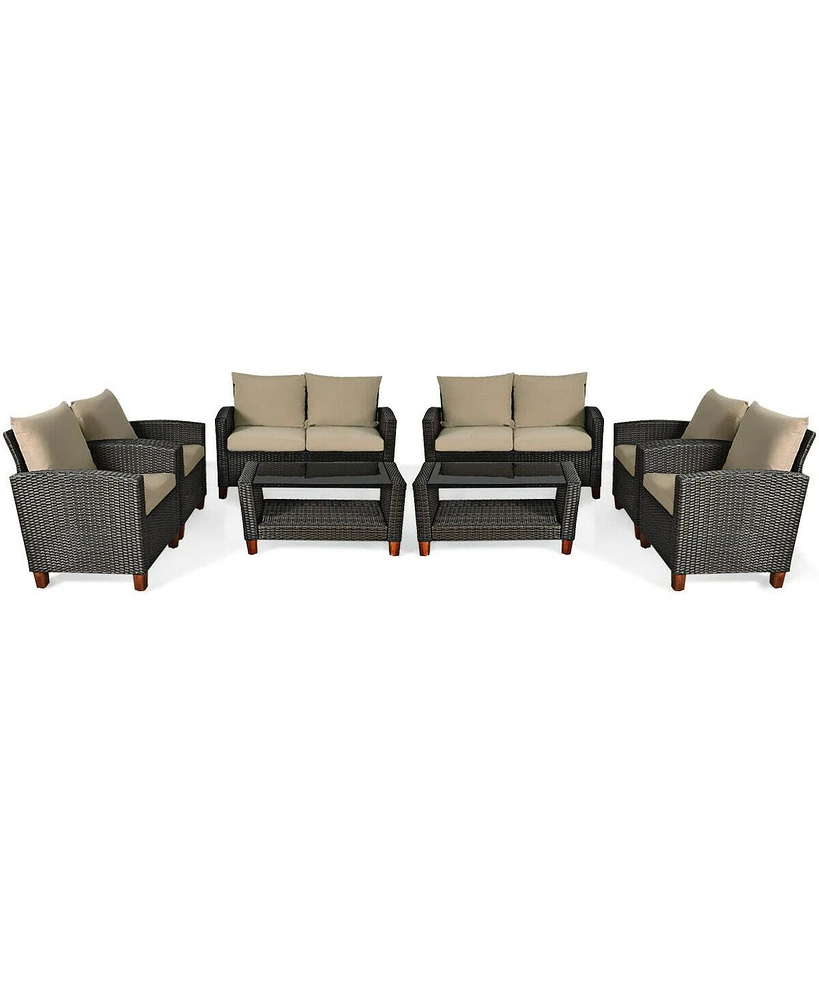 Gymax 8PCS Cushioned Rattan Conversation Set w/ Coffee Table Patio Outdoor