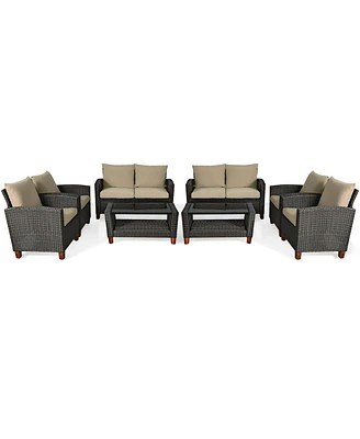 Gymax 8PCS Cushioned Rattan Conversation Set w/ Coffee Table Patio Outdoor