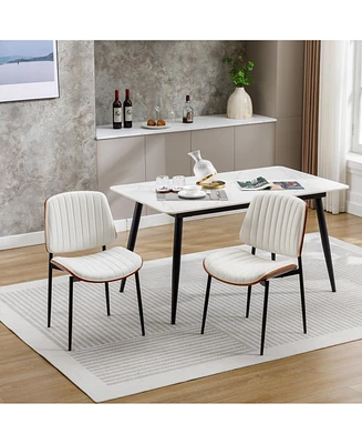 Dining Chairs Set of 2 Mid Century Modern Retro Faux Leather Chair with Bentwood Upholstered Seat Metal Legs Adjustable Foot for Kitchen Room C