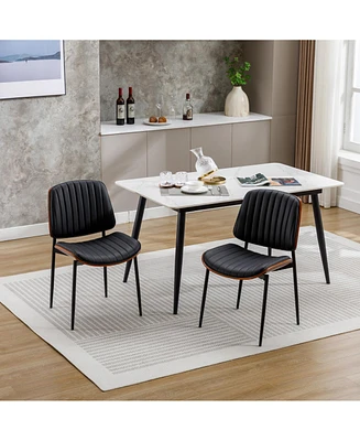 Dining Chairs Set of 2 Mid Century Modern Retro Faux Leather Chair with Bentwood Upholstered Seat Metal Legs Adjustable Foot for Kitchen Room C