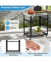 2-Tier Stainless Steel Grill Cart with 4 Hooks and Wheels Bbq Table