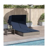Double Sun Lounger with Canopy and Cushions Gray Poly Rattan