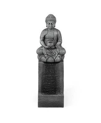 LuxenHome Resin Meditating Buddha on Column Lighted Outdoor Fountain
