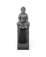 LuxenHome Resin Meditating Buddha on Column Lighted Outdoor Fountain