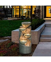 LuxenHome Modern Gray Resin Tiered Bowls Outdoor Fountain with Lights