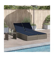 Double Sun Lounger with Cushions Gray Poly Rattan