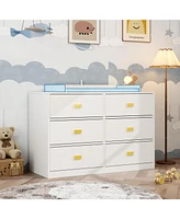 Changing table with six drawers, baby changing station with changing table top and drawers, white wood