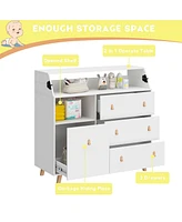 Foldable multi-purpose changing table, baby changing station with multiple storage compartments and drawers, white wood