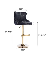 Velvet Adjustable Bar Stool with Tufted Backrest Lion Head Ring and Gold Metal Base for Kitchen Island Dining Room or Home Set of 1-The Pop
