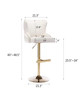 Velvet Adjustable Bar Stool with Tufted Backrest Lion Head Ring and Gold Metal Base for Kitchen Island Dining Room or Home Set of 1-The Pop