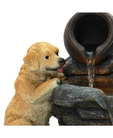 LuxenHome Puppy Rock Tower Farmhouse Resin Outdoor Fountain with Lights