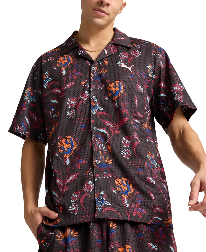 Puma Men's Relaxed-Fit Floral Button-Down Mesh Camp Shirt