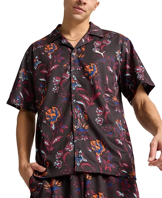 Puma Men's Relaxed-Fit Floral Button-Down Mesh Camp Shirt