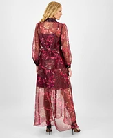 julia jordan Women's Printed Button-Front Long-Sleeve Gown