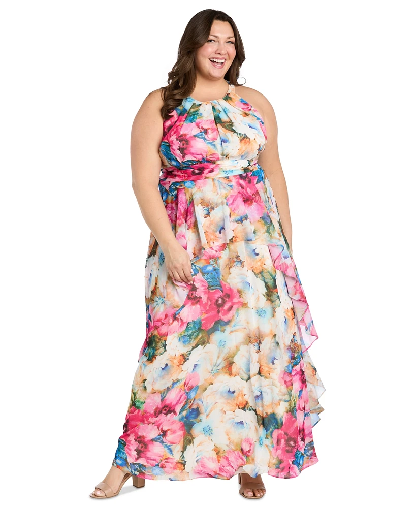 R & M Richards Plus Printed Halter-Neck Sleeveless Gown