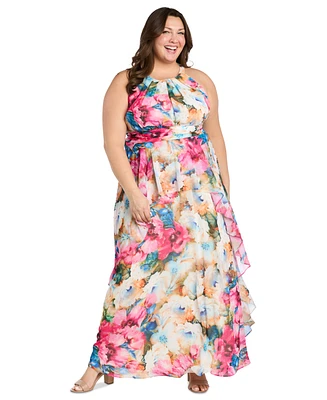 R & M Richards Plus Printed Halter-Neck Sleeveless Gown