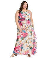 R & M Richards Plus Printed Halter-Neck Sleeveless Gown