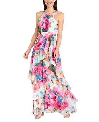 R & M Richards Petite Floral Halter Ruched-Waist Gown