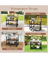 Rolling Bar Cart with Flip-up Table and Hooks for Kitchen