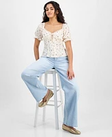 Planet Heart Juniors Sweetheart Neck Puff Sleeve Top Celebrity Pink Wide Leg Elastic Back Jeans