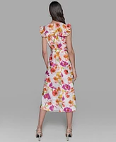 Karl Lagerfeld Paris Petite Floral-Print Flutter-Sleeve Midi Dress