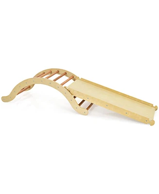 3-in-1 Wooden Climber Ladder Structure with Rock Climbing Ramp and Padding