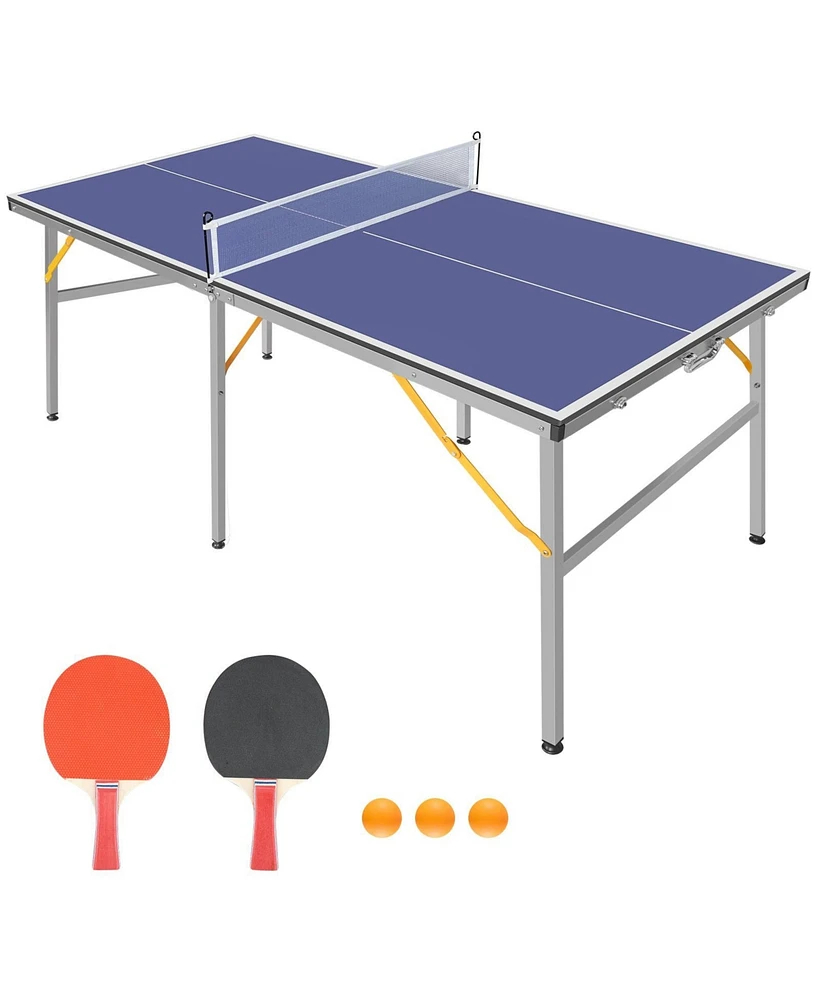 6 ft. Mid-Size Foldable Table Tennis Table Ping Pong Table Set with Net, 2 Paddles and 3 Balls for Indoor Outdoor