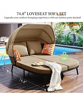 74.8" L Patio Daybed with Retractable Canopy, Outdoor Rattan Pe Wicker Back Loveseat Sofa Set with Throw Pillows and Cushions
