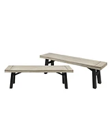 63 in. Sandblasted Light Gray Wood and Metal Outdoor Patio Bench