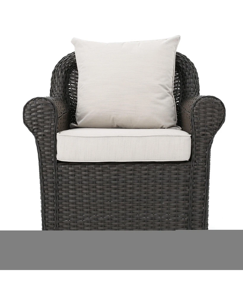 Dark Brown Swivel Faux Rattan Outdoor Patio Lounge Chair with Beige Cushions