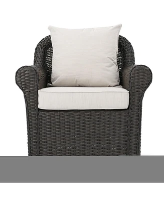 Dark Brown Swivel Faux Rattan Outdoor Patio Lounge Chair with Beige Cushions