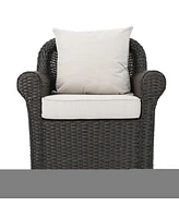 Dark Brown Swivel Faux Rattan Outdoor Patio Lounge Chair with Beige Cushions