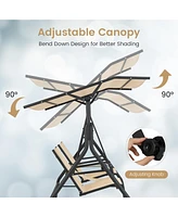 2-Seat Outdoor Cushioned Porch Swing with Adjustable Canopy and Tempered Glass Table