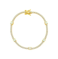 Sterling Silver, Round White Synthetic Opal & Cz Tennis Bracelet - Gold Plated