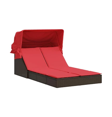 Double Sun Lounger with Canopy and Cushions Poly Rattan