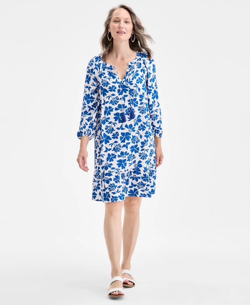 Style & Co Women's Printed Split-Neck 3/4 Sleeve Shift Dress, Exclusively at Macy's