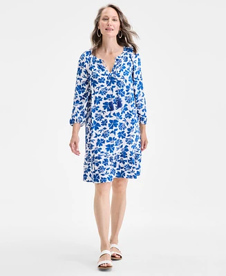 Style & Co Women's Printed Split-Neck 3/4 Sleeve Shift Dress, Exclusively at Macy's