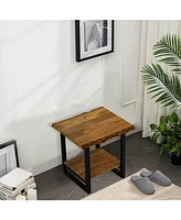 Industrial Solid Wood & Iron Square End Table with Lower Shelf