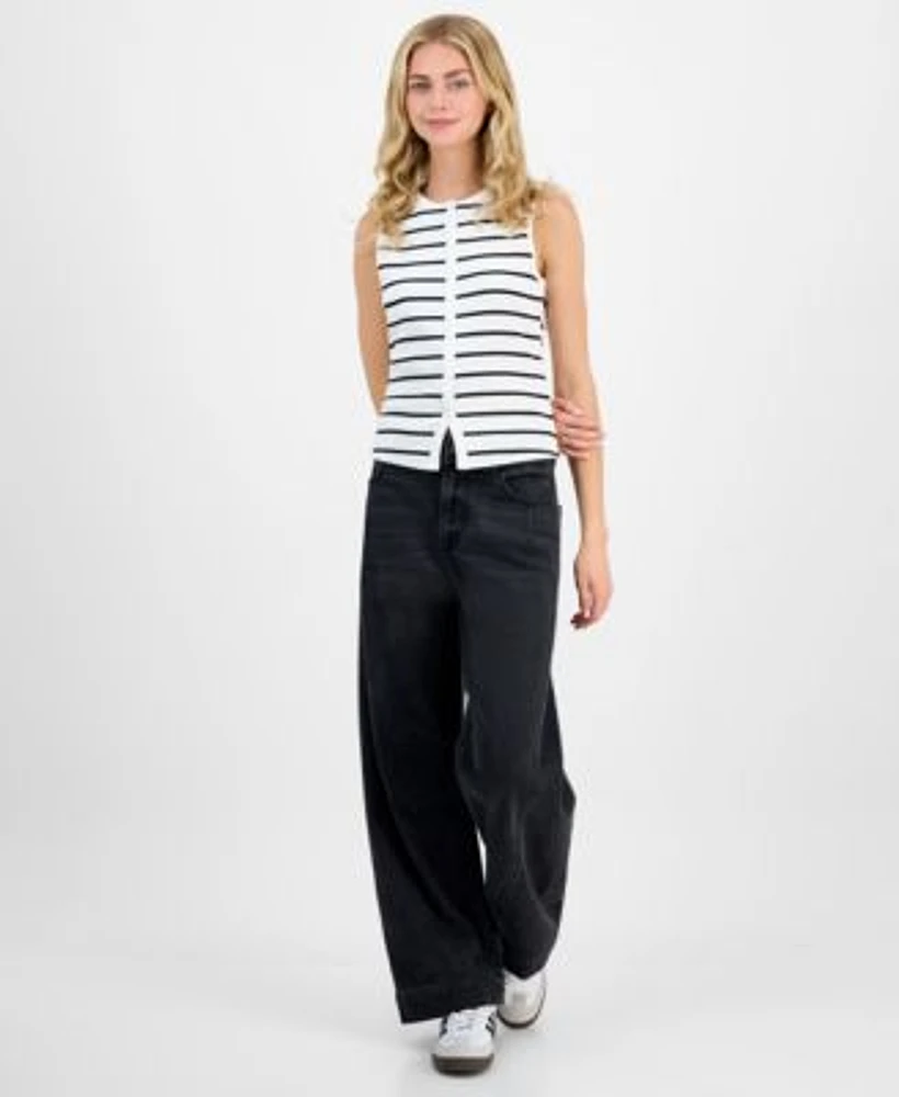 Madden Girl Juniors Faux Button Front Tank Tinseltown Wide Barrel Leg Jeans