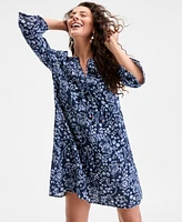 Style & Co Women's Printed Cotton Gauze 3/4-Sleeve Tiered Dress, Exclusively at Macy's