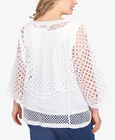 Ruby Rd. Plus Floral Blocked Crochet Crew Neck Top