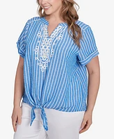 Ruby Rd. Plus Yarn Dye Stripe Embellished Tie Front Top