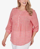 Ruby Rd. Plus Size Gingham Silky Henley Crew Neck Top