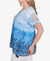 Ruby Rd. Plus Crystal Ombre Cold Shoulder Crew Neck Top