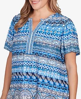 Ruby Rd. Plus Motif Stripe Embroidered Puff Print Top