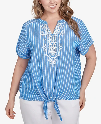 Ruby Rd. Plus Yarn Dye Stripe Embellished Tie Front Top