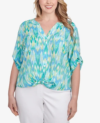 Ruby Rd. Plus Paradise Ikat Button Tie Front Top