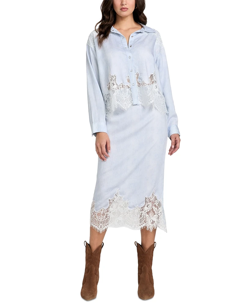 Guess Women's Lana Midi Lace-Trim Denim Skirt