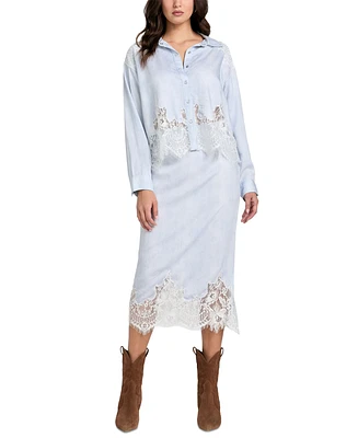 Guess Women's Lana Midi Lace-Trim Denim Skirt